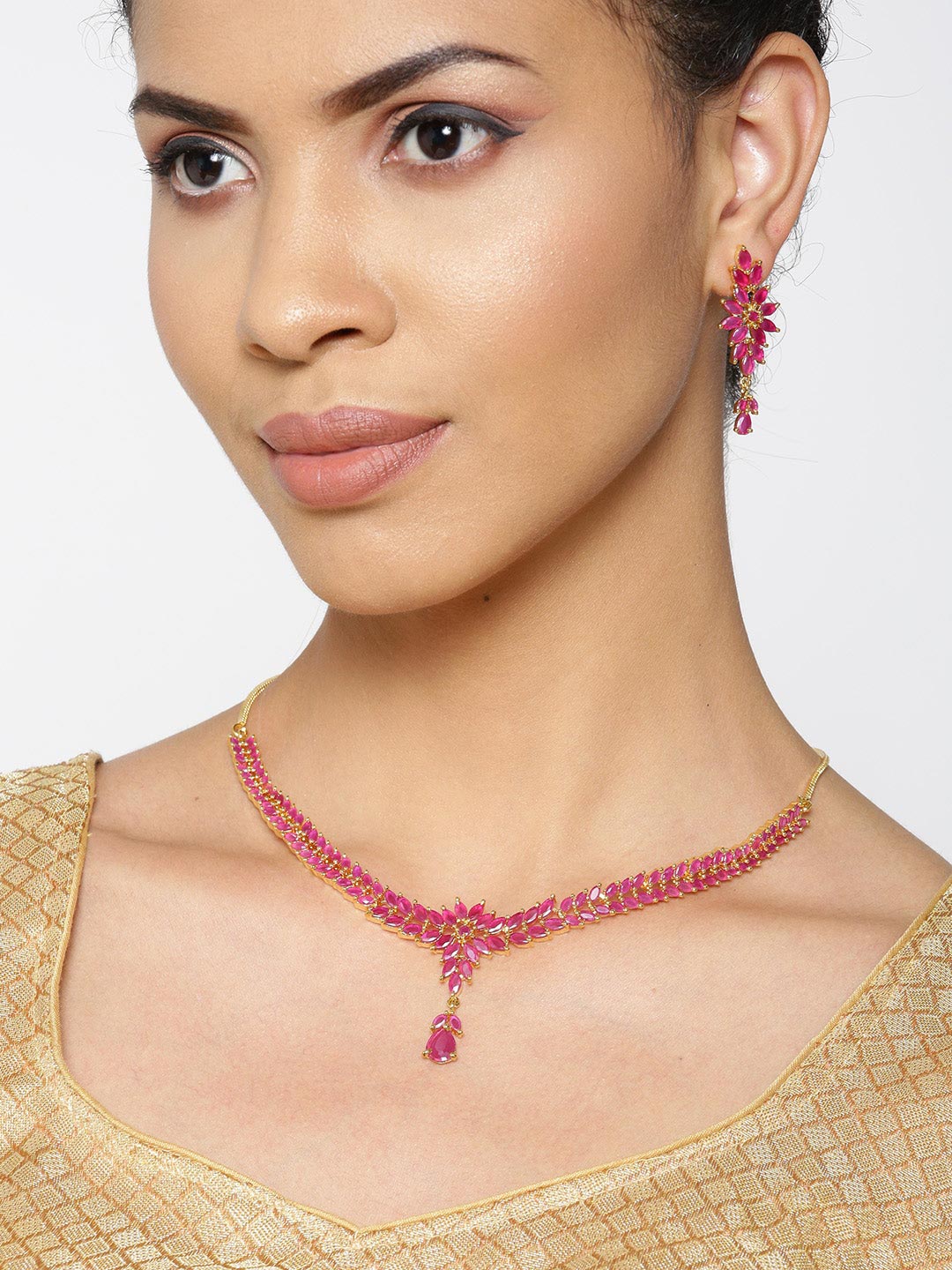 Pink Ruby Gold Plated Floral Jewellery Set