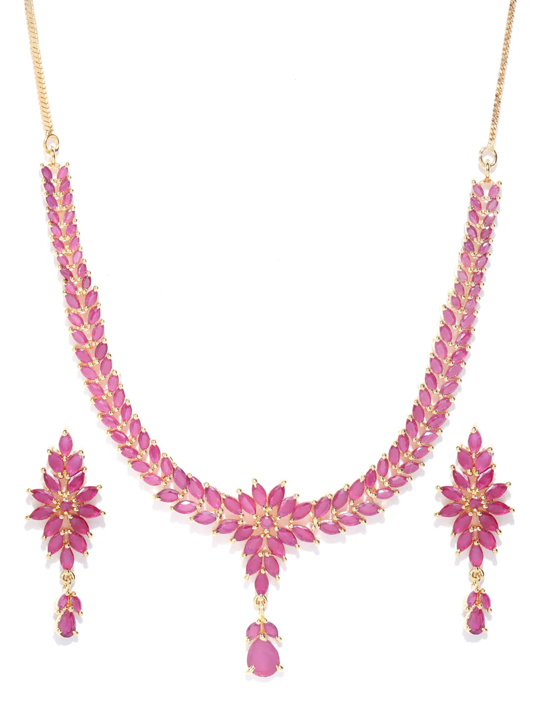 Pink Ruby Gold Plated Floral Jewellery Set